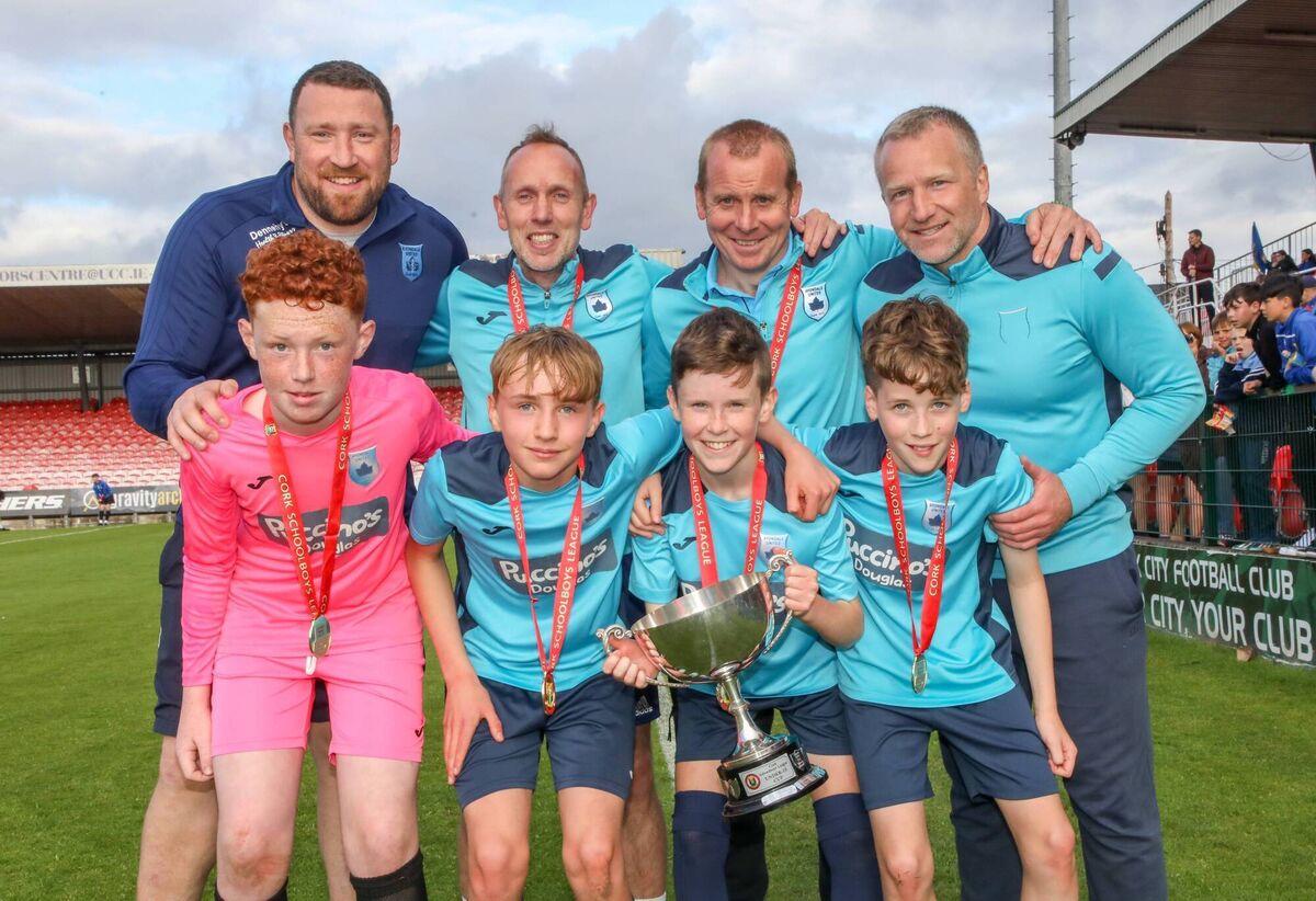 Cork City, Cork, Ireland. 15th May, 2024. Avondale United who won the U13 Cork Schoolboys League local cup final against Corinthian Boys that was played at Turners Cross, Cork. Back row left to right is Daniel O'Leary, Ken Bruton, Micheal Mulconry, David Spratt. Front row left to right is Ryan O'Leary, Sam Bruton, Tom Mulconry, Mark Spratt - Picture: David Creedon