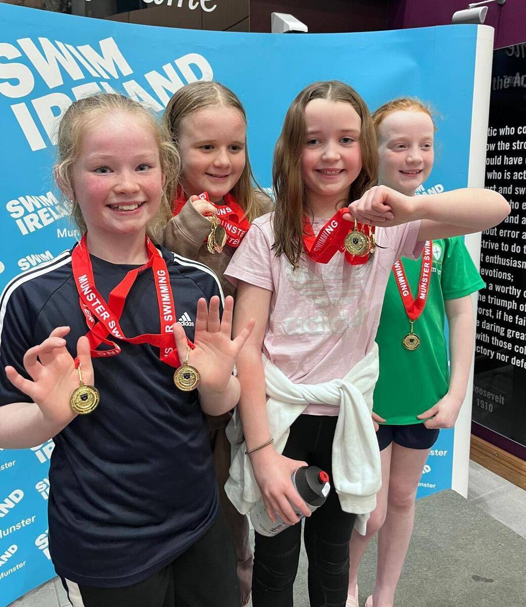 Eglantine Girls U10 Relay, Ava Tuohy, Hazel O'Rourke, Iris Tobin &amp; Sadie Quinlan, Gold medalists at the Munster Minor Schools Championships. Photo: Geraldine Egar No Repo Fee. MH 