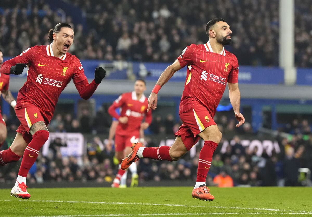 Liverpool's Mohamed Salah (right) celebrates scoring their side's second goal of the game with team-mates during the Premier League match at Goodison Park, Liverpool. Picture : Nick Potts/PA Wire