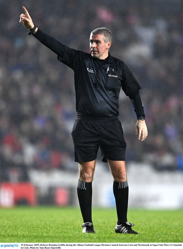 Referee Brendan Griffin during the Allianz Football League Division 2 match between Cork and Westmeath at SuperValu Páirc Uí Chaoimh in Cork. Picture: Tom Beary/Sportsfile