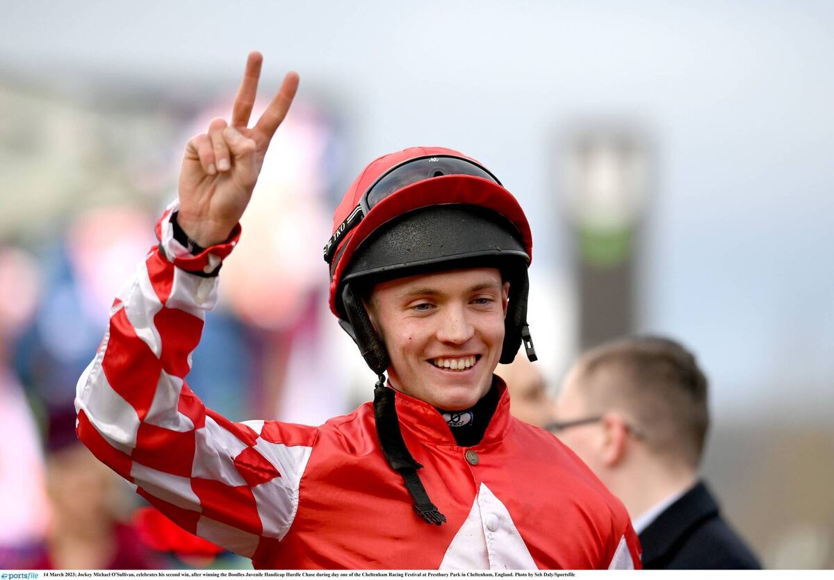 Jockey Michael O'Sullivan celebrates after winning the Boodles Juvenile Handicap Hurdle Chase. Picture: Seb Daly/Sportsfile