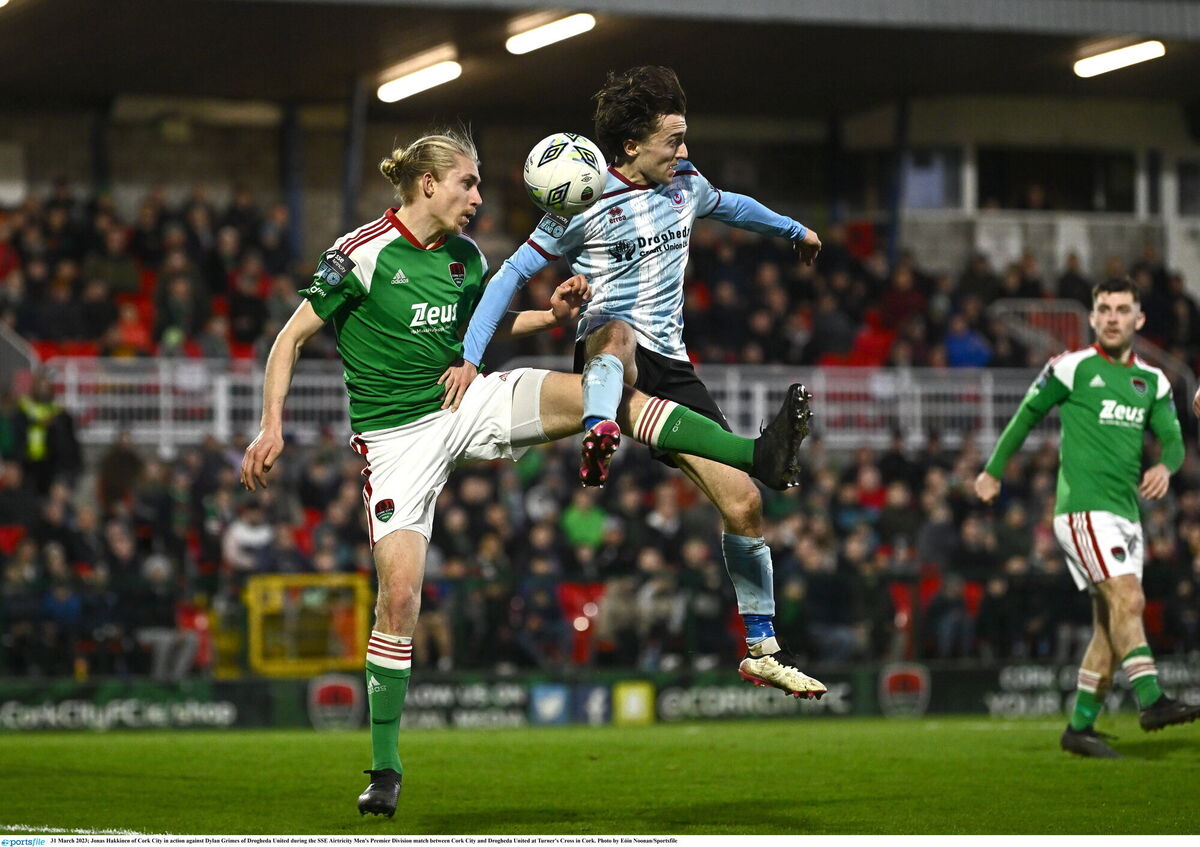 Jonas Hakkinen of Cork City in action against Dylan Grimes of Drogheda United in 2023 at Turner's Cross. Picture: Eóin Noonan/Sportsfile