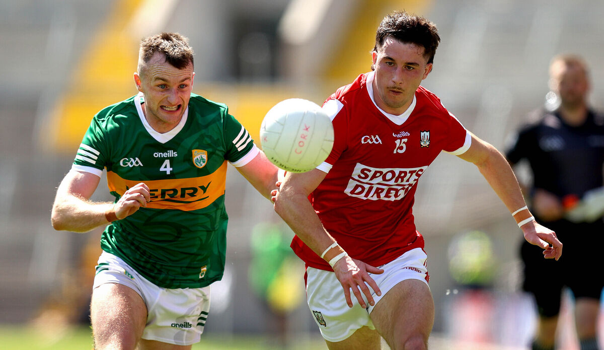 Cork’s Chris Óg Jones and Tom O'Sullivan of Kerry battle for the ball in 2023. Picture: INPHO/Ryan Byrne