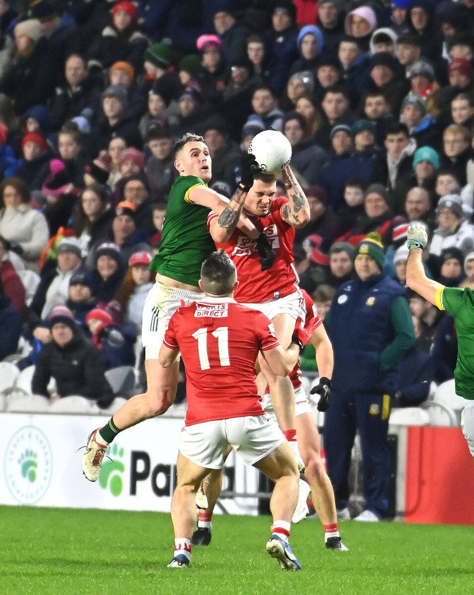 Cork's Sean Walsh wins the ball from Meath's Bryan Menton at SuperValu Páirc Uí Chaoimh. Picture: Eddie O'Hare
