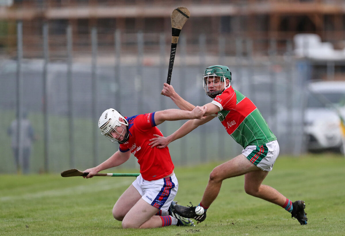 Dripsey's Eoghan Maher battles for the ball against James Byrne of Ballinora during the 2023 MJK Oils Muskerry JAHC final at Cloughduv. Picture: Jim Coughlan Dripsey's Eoghan Maher battles for the ball against James Byrne of Ballinora during the 2023 MJK Oils Muskerry JAHC final at Cloughduv. Picture: Jim Coughlan