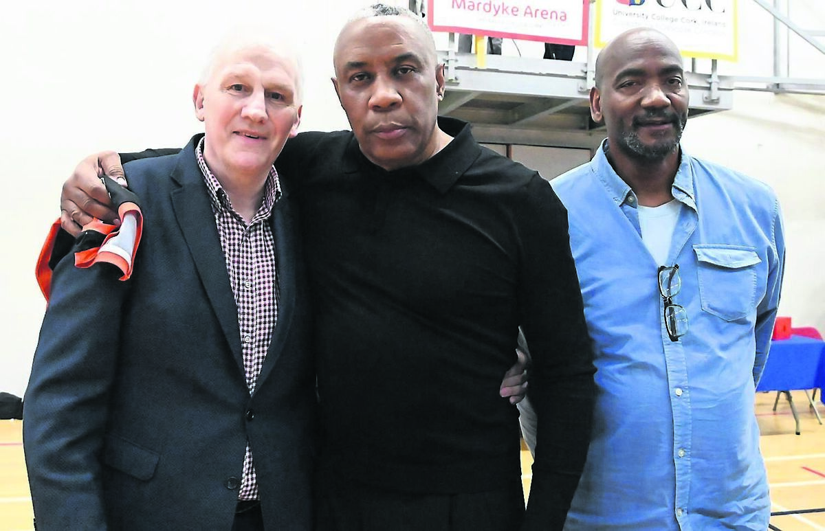 Timmy McCarthy, Jasper McIlroy and Lennie McMillan at the 40th reunion celebrations of the famous Team Britvic/Blue Demons teams. They are pictured during the Men’s Super League between UCC Demons and Irish Guide Dogs Ballincollig at MTU at the Mardyke Arena.	Picture: Eddie O’Hare
                