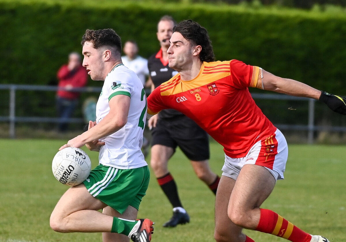 Muskerry's Conor Dodd is tackled by Mallow's Shane Merritt, during their Cork Premier SFC clash at Kanturk. Picture: David Keane. Muskerry's Conor Dodd is tackled by Mallow's Shane Merritt, during their Cork Premier SFC clash at Kanturk. Picture: David Keane.
