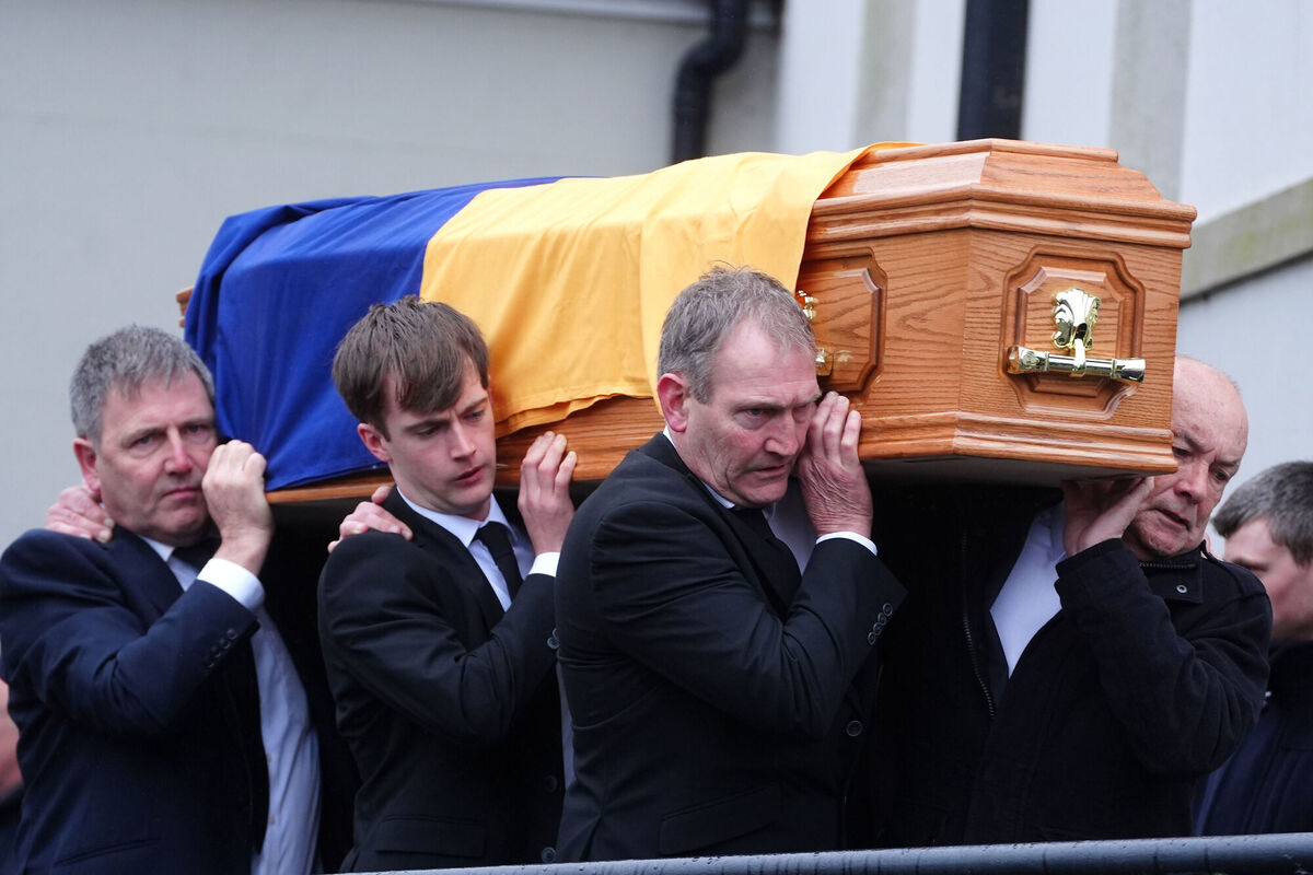 The coffin of Michael O'Sullivan is carried into St John the Baptist Church, Glantane. Jockey Michael O'Sullivan died as a result of the injuries he suffered in a fall at Thurles on February 6 at the age of 24.