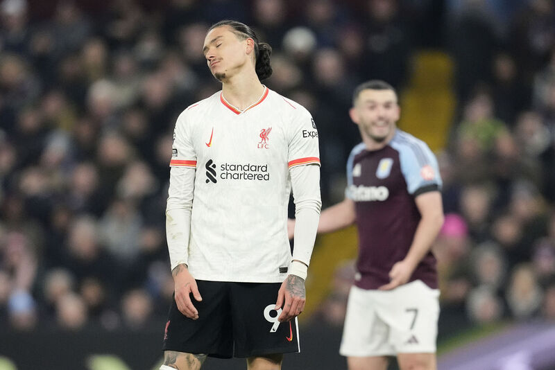 Liverpool's Darwin Nunez (left) reacts after a missed opportunity during the Premier League match at Villa Park, Birmingham. Picture: Nick Potts/PA Wire