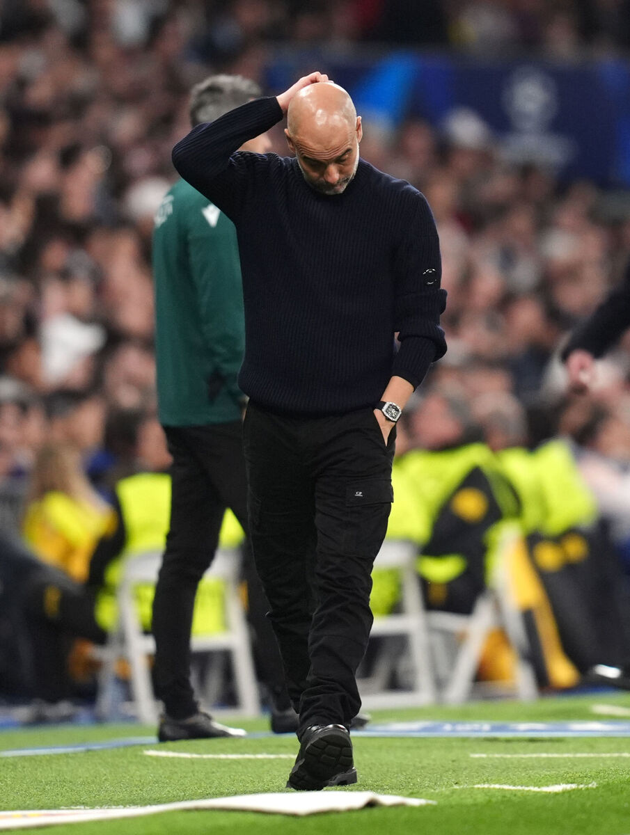 Manchester City manager Pep Guardiola reacts on the touchline during the UEFA Champions League Knockout Phase Play Offs Second Leg match at Santiago Bernabeu, Madrid. Picture: John Walton/PA Wire. Manchester City manager Pep Guardiola reacts on the touchline during the UEFA Champions League Knockout Phase Play Offs Second Leg match at Santiago Bernabeu, Madrid. Picture: John Walton/PA Wire.