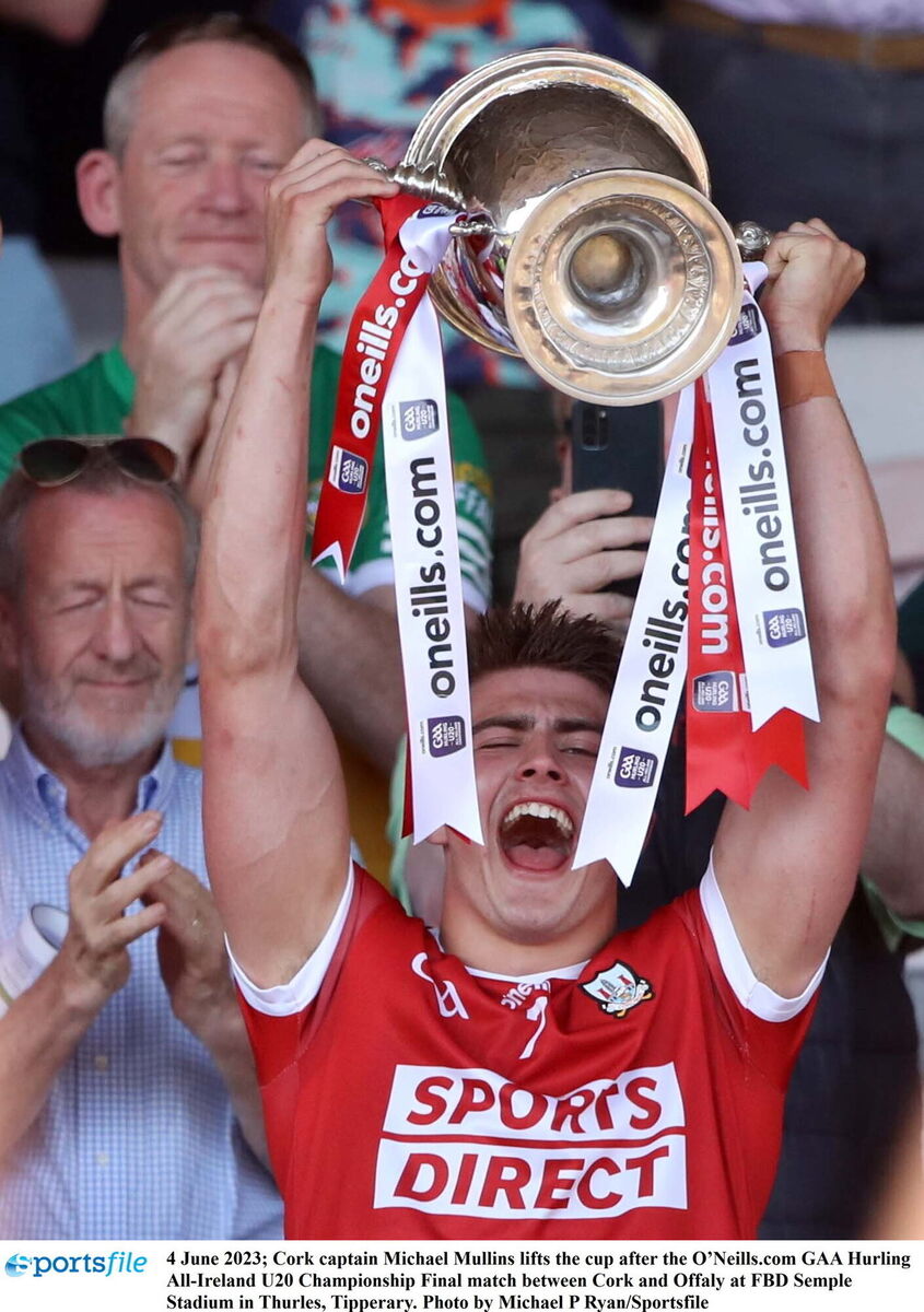 Micheál Mullins lifts the cup after Cork's win over Offaly in the 2023 oneills.com All-Ireland U20HC final at Thurles. Picture: Michael P Ryan/Sportsfile Micheál Mullins lifts the cup after Cork's win over Offaly in the 2023 oneills.com All-Ireland U20HC final at Thurles. Picture: Michael P Ryan/Sportsfile