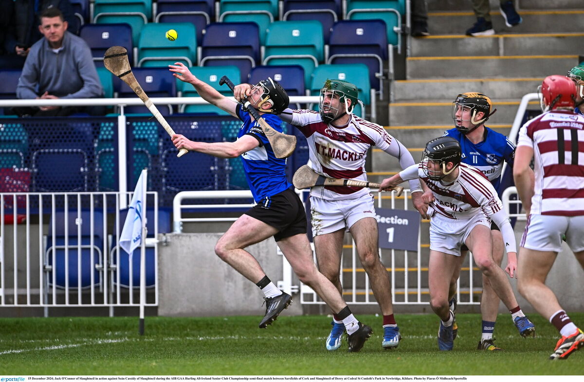 Sarsfields' Jack O'Connor gets away from Seán Cassidy of Slaughtneil during December's AIB All-Ireland Club SHC semi-final. Picture: Piaras Ó Mídheach/Sportsfile Sarsfields' Jack O'Connor gets away from Seán Cassidy of Slaughtneil during December's AIB All-Ireland Club SHC semi-final. Picture: Piaras Ó Mídheach/Sportsfile