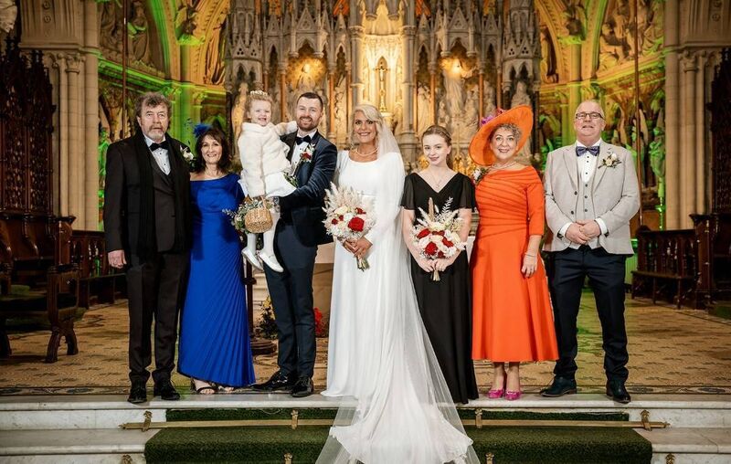From left: James’s parents Jimmy and Rosanna, James with the couple’s daughter Ruby, Clodagh, the couple’s eldest daughter Ria, and Clodagh’s parents Niamh and Martin.