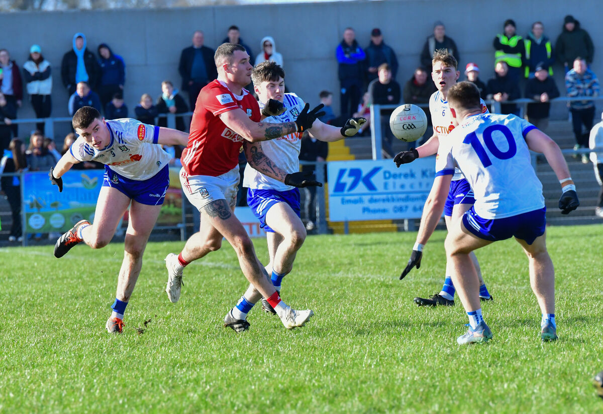  Cork's Seán Walsh gets the pass away against Monaghan. Picture: Moya Nolan
