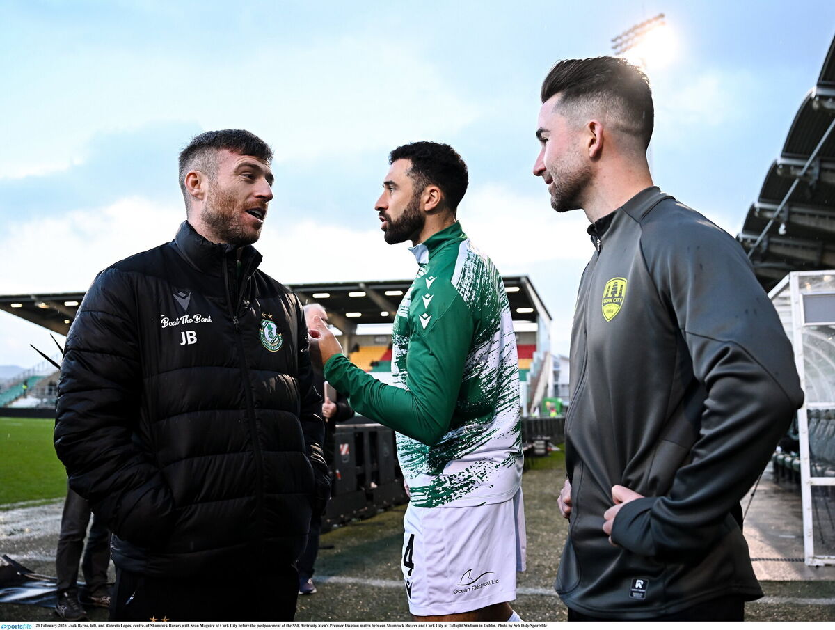 Jack Byrne and Roberto Lopes, Shamrock Rovers, with Sean Maguire of Cork City before the postponement. Picture: Seb Daly/Sportsfile