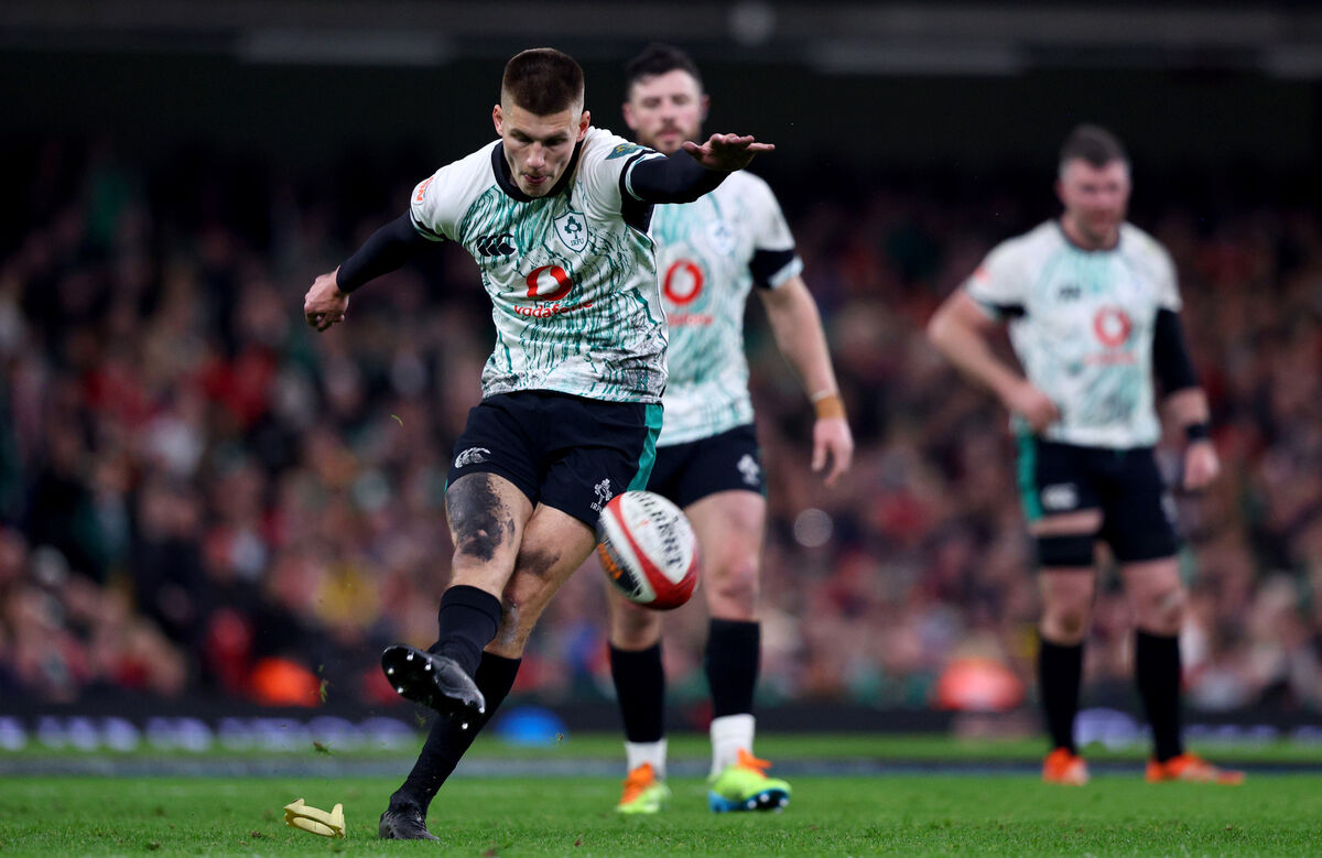 Ireland's Sam Prendergast kicks a penalty. Picture: INPHO/Ben Brady