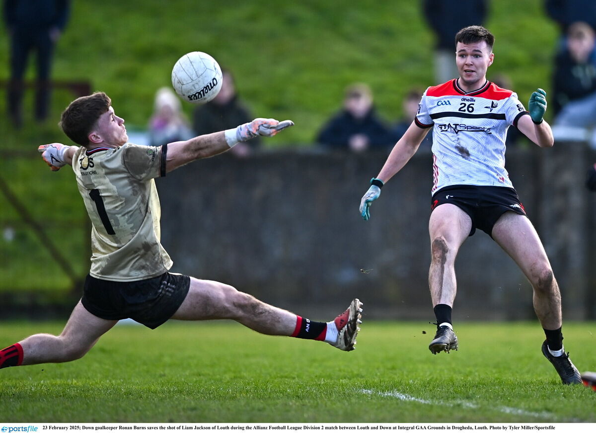 Down goalkeeper Ronan Burns saves the shot of Liam Jackson of Louth during the Allianz Football League Division 2 match. Picture: Tyler Miller/Sportsfile