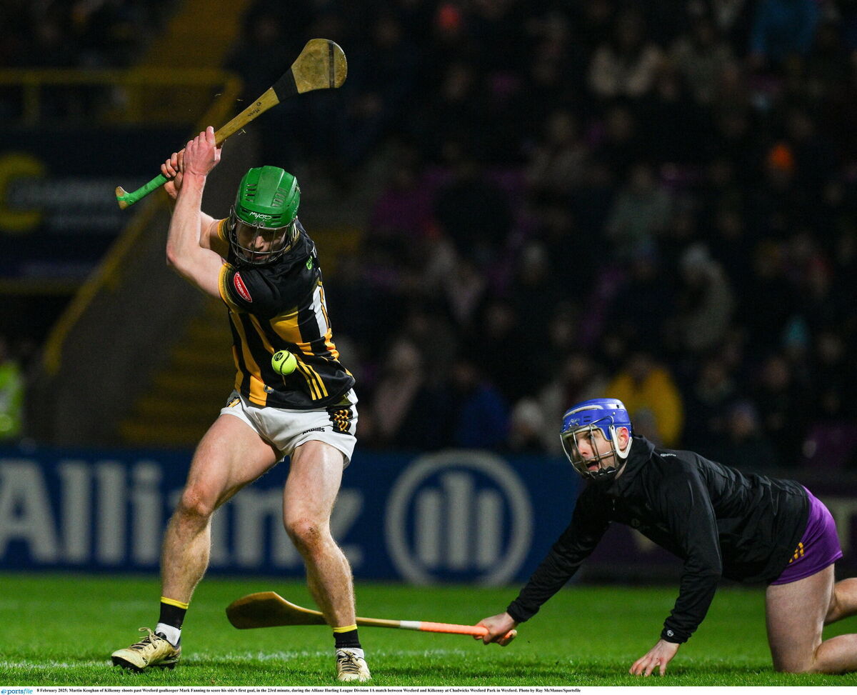 Martin Keoghan of Kilkenny shoots past Wexford goalkeeper Mark Fanning to score his side's first goal, in the 23rd minute, during the Allianz Hurling League Division 1A match between Wexford and Kilkenny at Chadwicks Wexford Park in Wexford. Picture: Ray McManus/Sportsfile