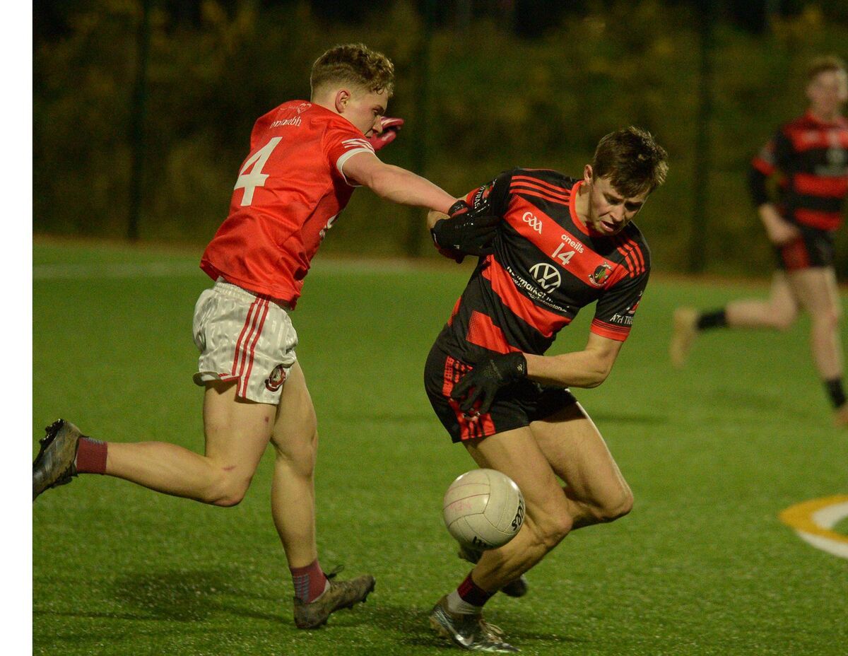 Rory O'Keeffe (Dromtariffe/Kanturk) and Hugh O'Connor (Robert Emmet's) grapple for possession during the Duhallow U21F Co. Qualifier Final at Banteer. Picture John Tarrant Rory O'Keeffe (Dromtariffe/Kanturk) and Hugh O'Connor (Robert Emmet's) grapple for possession during the Duhallow U21F Co. Qualifier Final at Banteer. Picture John Tarrant
