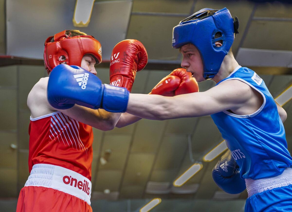James Hill of Rylane BC (Red) and Luke Morgan of host club Northside BC in action during the Boy 4 50kg final at the recent Boy 4,5,6 County Championships. Picture: Doug Minihane James Hill of Rylane BC (Red) and Luke Morgan of host club Northside BC in action during the Boy 4 50kg final at the recent Boy 4,5,6 County Championships. Picture: Doug Minihane