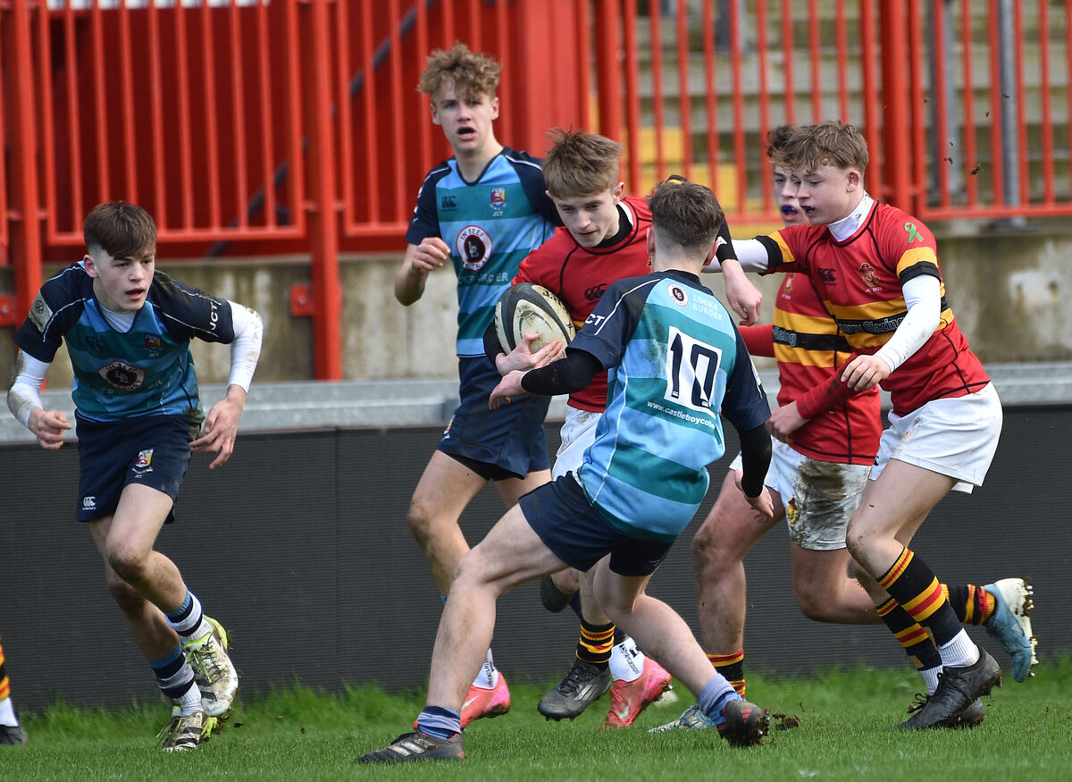 James Earle, CBC, Cork bursting through the Castletroy College defence in the Pinergy Munster Schools Junior Cup quarter-final at Thomond Park, Limerick. Picture Dan Linehan James Earle, CBC, Cork bursting through the Castletroy College defence in the Pinergy Munster Schools Junior Cup quarter-final at Thomond Park, Limerick. Picture Dan Linehan