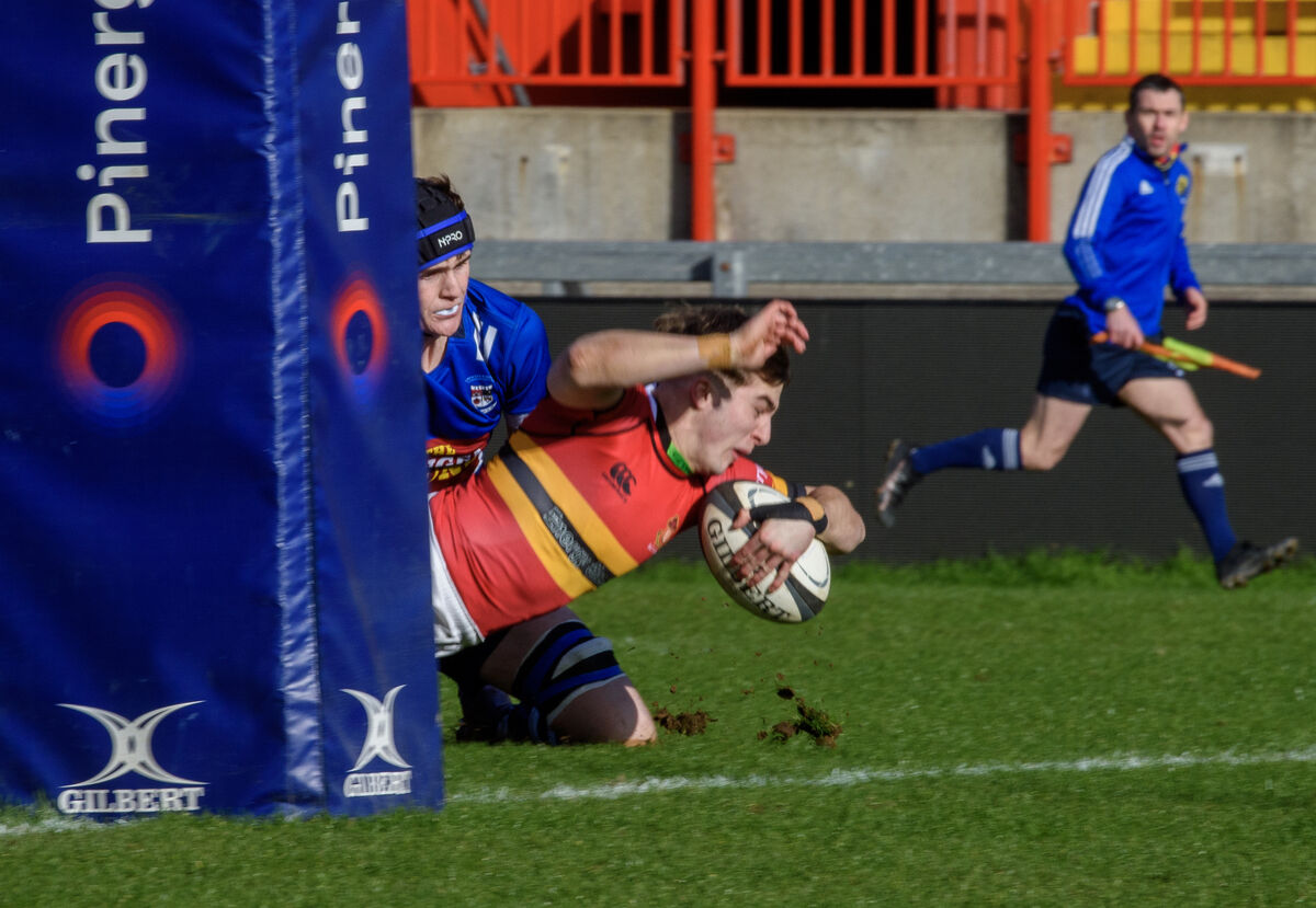  Christopher Barrett, CBC Cork touching down for a try against Crescent College Comprehensive in the Pinergy Munster Schools Senior Cup semi-final at Thomond Park, Limerick. Picture Dan Linehan