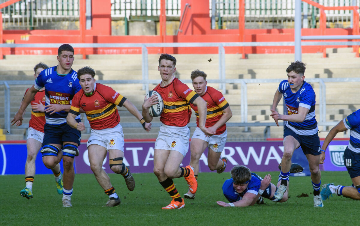 Conall Cournane, CBC Cork bursting through the Crescent College Comprehensive defence in the Pinergy Munster Schools Senior Cup semi-final at Thomond Park, Limerick. Picture Dan Linehan