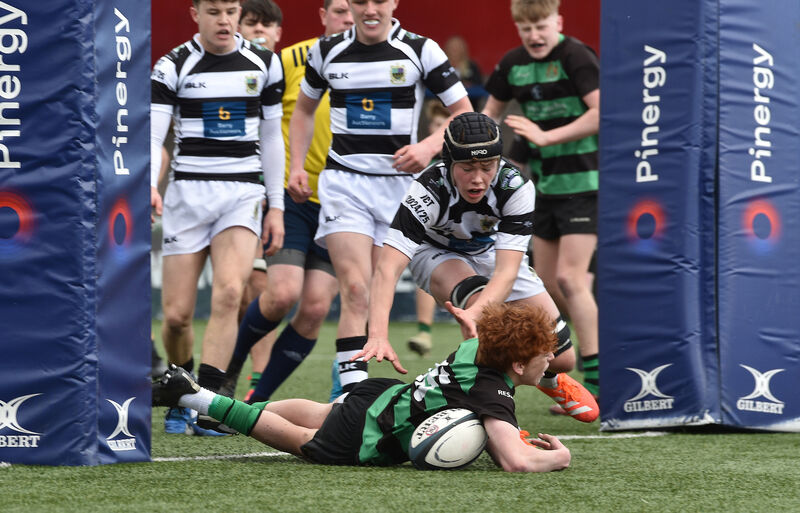  Louis Dukelow, Bandon Grammar School going over for a try under the posts against PBC in the Pinergy Munster Schools Junior Cup quarter-final at Virgin Media Park, Cork. . Picture Dan Linehan