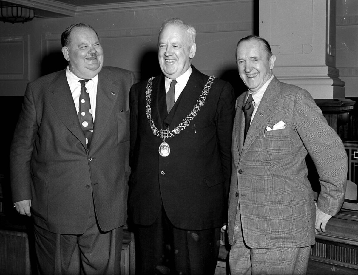 Comedy movie stars Oliver Hardy and Stan Laurel with Cork Lord Mayor Patrick ‘Pa’ McGrath at Cork City Hall on September 8, 1953 Comedy movie stars Oliver Hardy and Stan Laurel with Cork Lord Mayor Patrick ‘Pa’ McGrath at Cork City Hall on September 8, 1953