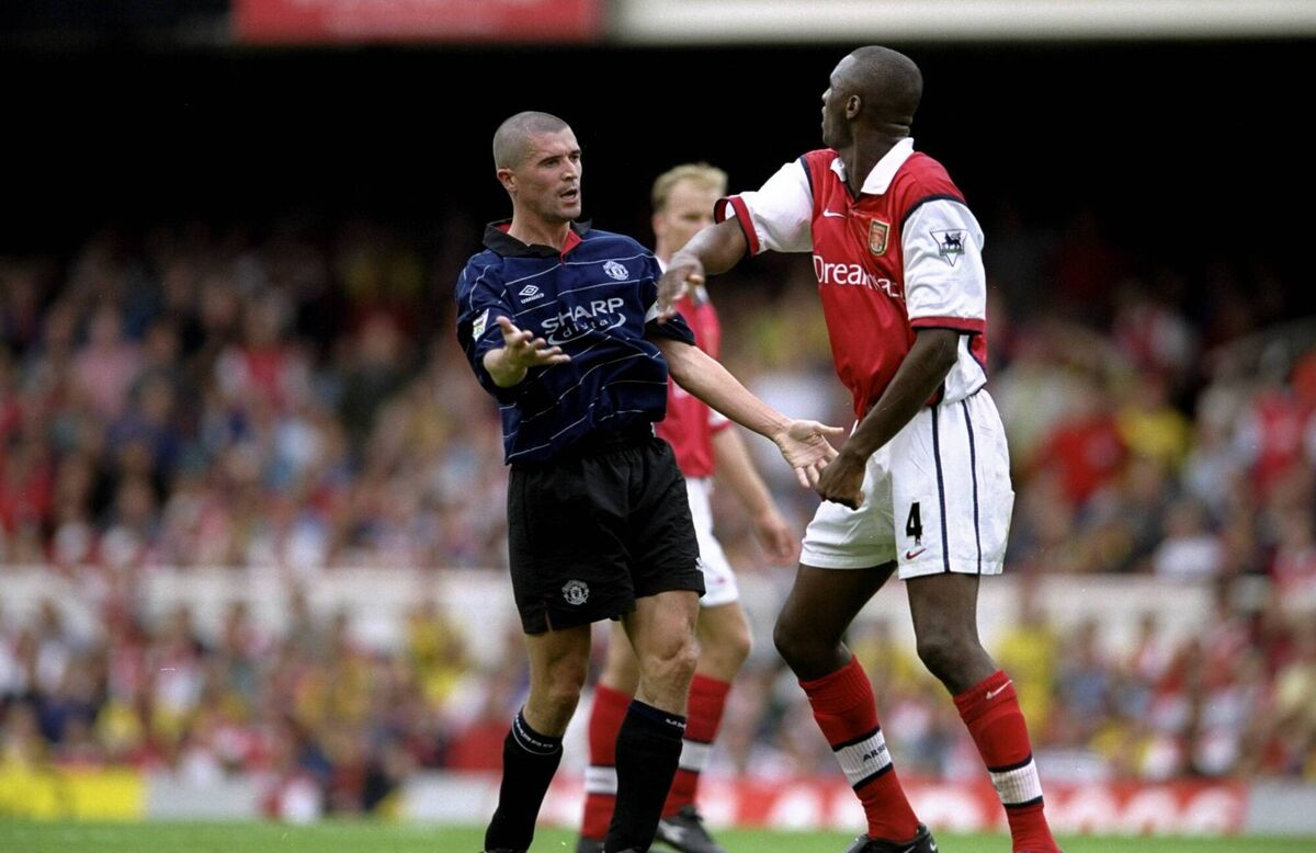Roy Keane of Manchester United clashes with Patrick Vieira of Arsenal in 1999. Picture: Clive Brunskill/Allsport