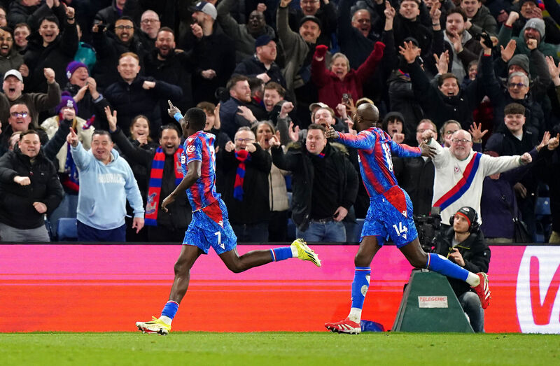 Crystal Palace's Ismaila Sarr (left) celebrates scoring their side's third goal of the game with team-mate Jean-Philippe Mateta in front of the home fans during the Premier League win Picture: Zac Goodwin/PA Wire Crystal Palace's Ismaila Sarr (left) celebrates scoring their side's third goal of the game with team-mate Jean-Philippe Mateta in front of the home fans during the Premier League win Picture: Zac Goodwin/PA Wire