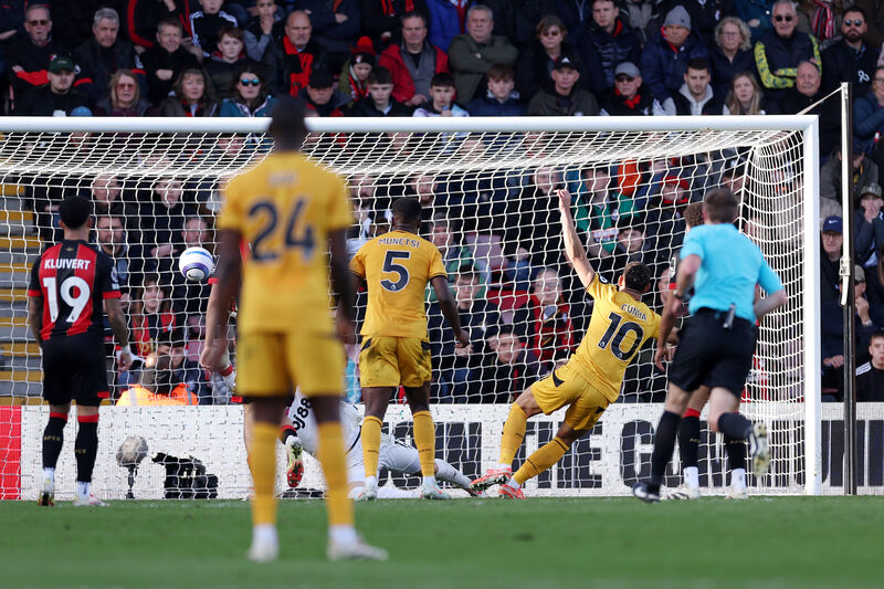 Wolverhampton Wanderers' Matheus Cunha (second right) scores their side's first goal of the game during the Premier League match at the Vitality Stadium, Bournemouth. Wolverhampton Wanderers' Matheus Cunha (second right) scores their side's first goal of the game during the Premier League match at the Vitality Stadium, Bournemouth.
