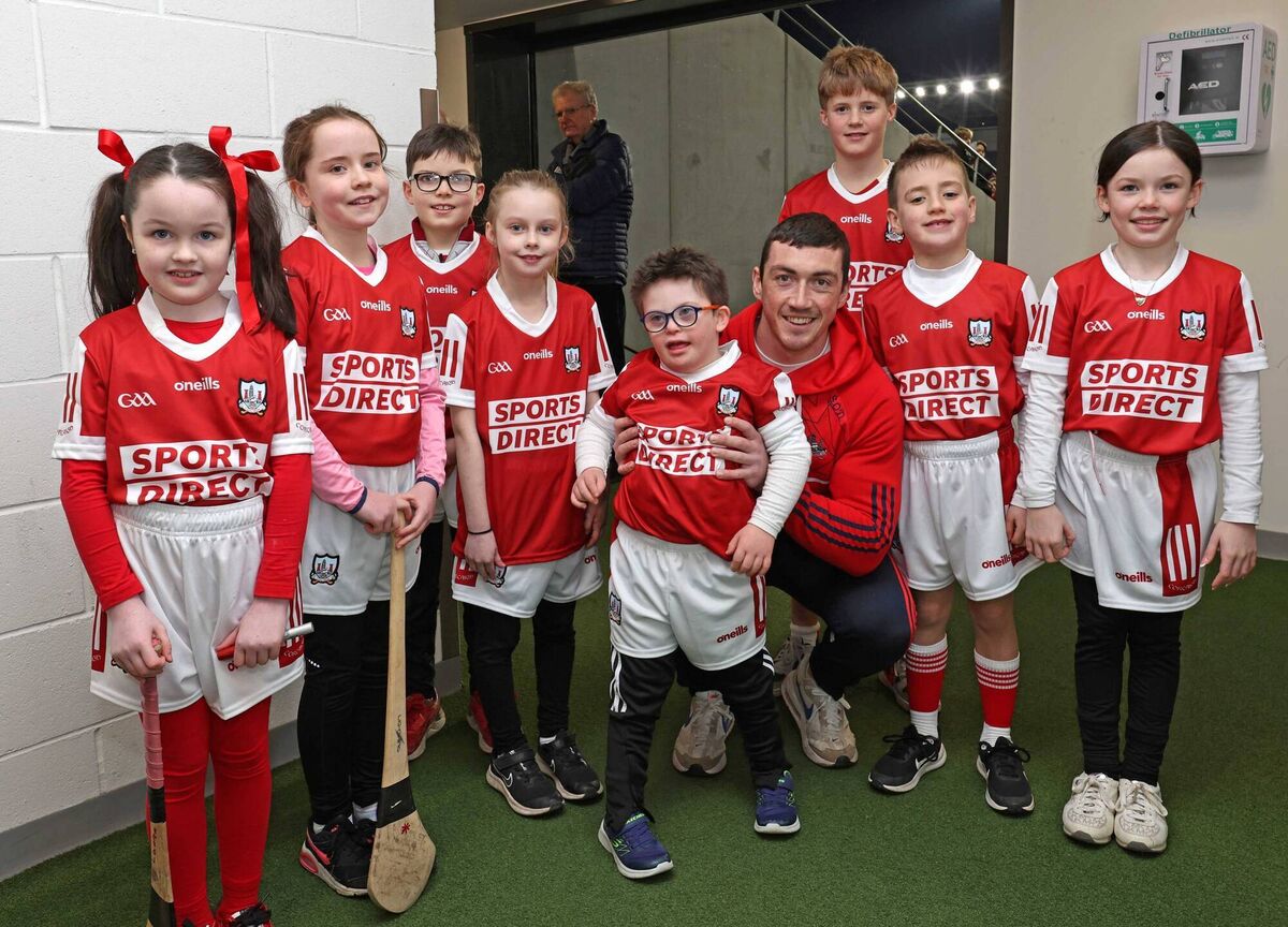 The Cork mascots, in association with Sports Direct, pictured with Seán O'Donoghue prior to last year's clash with Kilkenny: Lauren Coyne, Eimear O'Neill, Riann Finnan, Leanne O'Brien, Harry Brassen, Paddy Callnan, Sean Nolan, Sophie Brassen. Picture: Jim Coughlan.