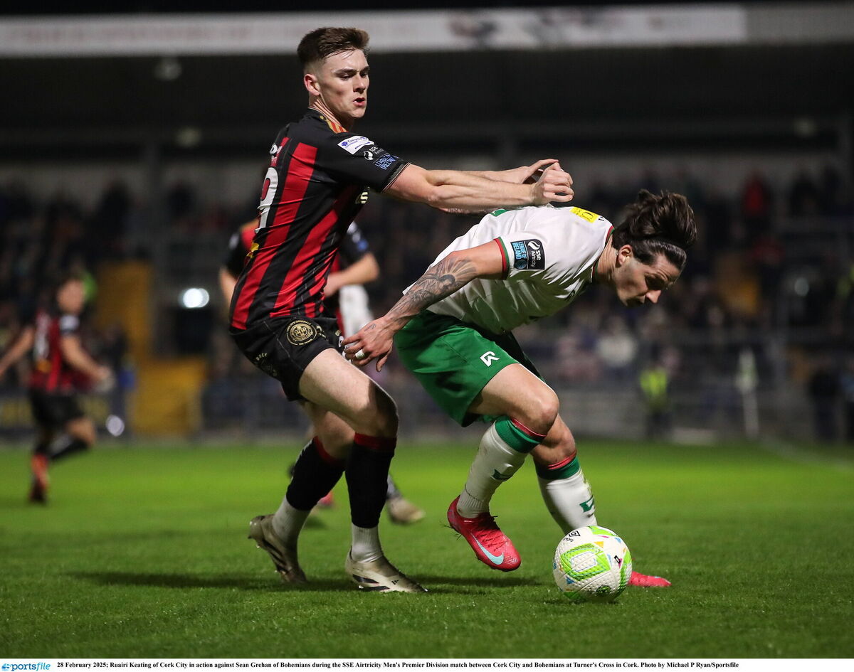 Ruairí Keating of Cork City in action against Sean Grehan of Bohemians. Picture: Michael P Ryan/Sportsfile Ruairí Keating of Cork City in action against Sean Grehan of Bohemians. Picture: Michael P Ryan/Sportsfile