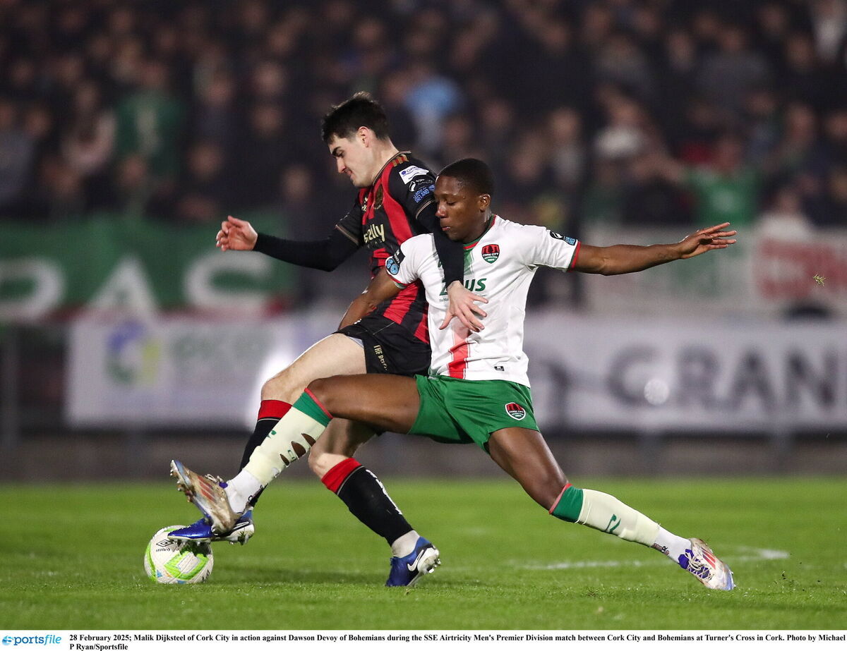 Malik Dijksteel of Cork City tackles Dawson Devoy of Bohemians. Picture: Michael P Ryan/Sportsfile Malik Dijksteel of Cork City tackles Dawson Devoy of Bohemians. Picture: Michael P Ryan/Sportsfile