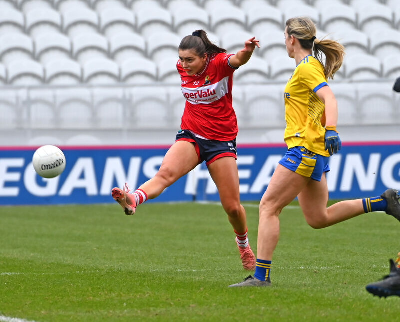 Cork's Aimee Corcoran shoots for goal from Roscommon's Ellen Irwin. Picture: Eddie O'Hare