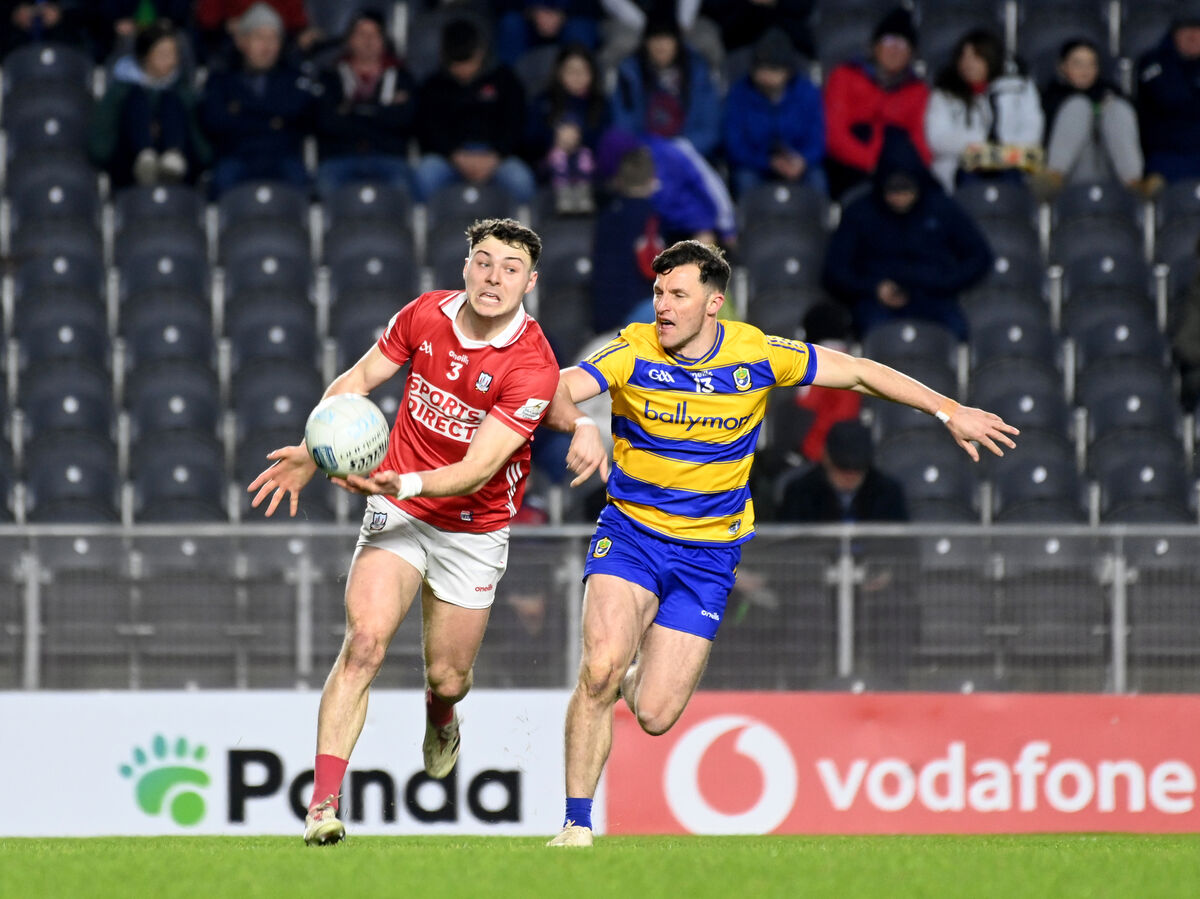 Cork's Daniel O'Mahony under pressure from Diarmuid Murtagh of Roscommon. Picture: Larry Cummins Cork's Daniel O'Mahony under pressure from Diarmuid Murtagh of Roscommon. Picture: Larry Cummins