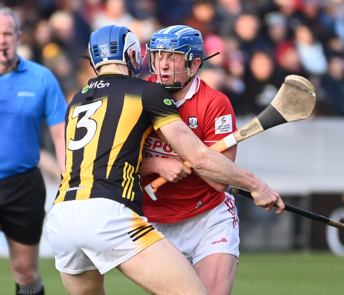 Cork's Diarmuid Healy is tackled by Kilkenny's Huw Lawlor during the Allianz NHL Division 1 game at SuperValu Páirc Uí Chaoimh. Picture: Eddie O'Hare