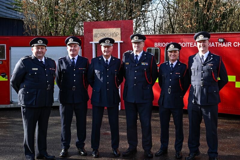 Ger Ryan, Third Officer, Robert O'Brien, Third officer, Gerry Myers, Third Officer, Victor Shine, Second Officer, Tadhg O’ Mahony, Third Officer and David Spillett, Chief of the Cork City Fire Brigade pictured at the passing out ceremony in Ballincollig fire station. Picture Chani Anderson