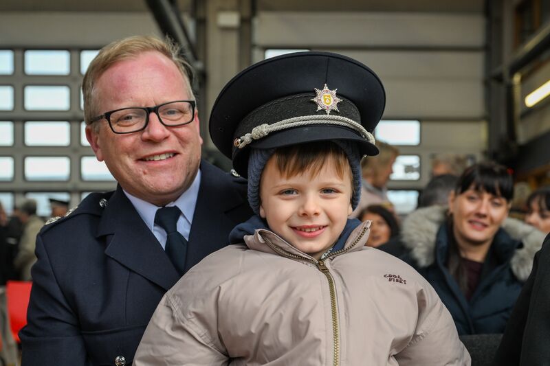 Station Officer Brendan Henry with his son Brandon, 4 pictured at the new firefighter passing out ceremony in Ballincollig Fire Station. Picture Chani Anderson