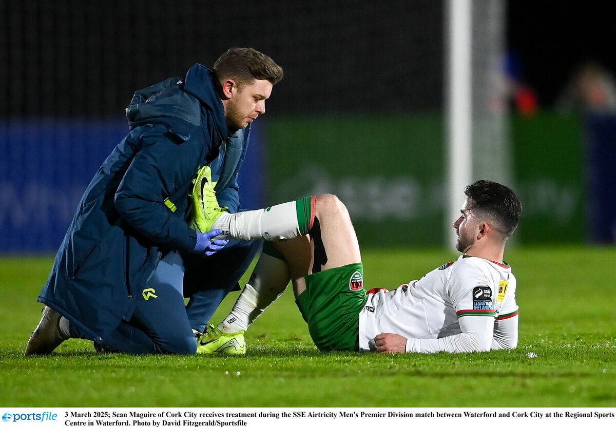 Sean Maguire of Cork City receives treatment during the SSE Airtricity Men's Premier Division match between Waterford and Cork City at the Regional Sports Centre in Waterford. Photo by David Fitzgerald/Sportsfile