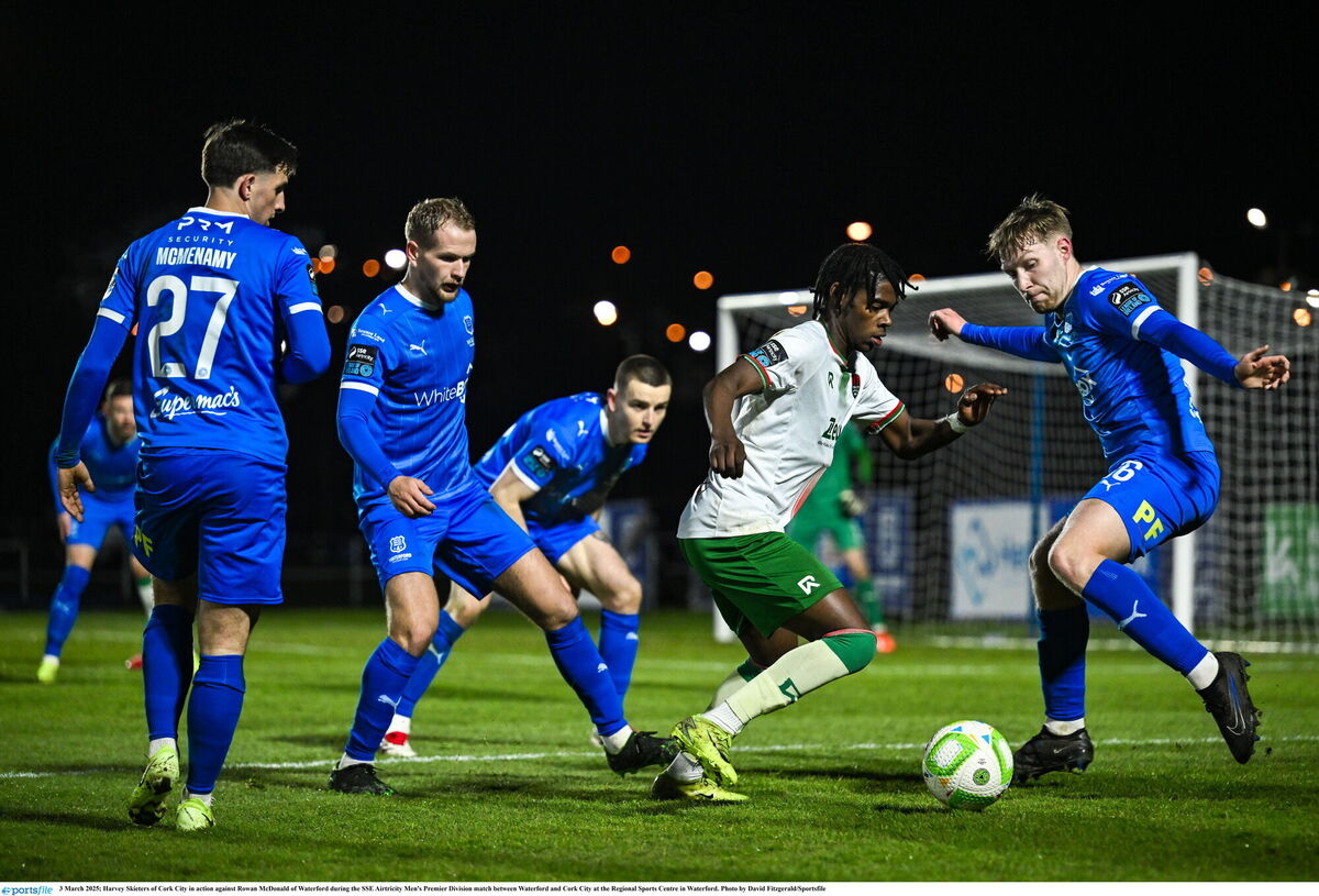 Harvey Skieters of Cork City in action against Rowan McDonald of Waterford during the SSE Airtricity Men's Premier Division match between Waterford and Cork City at the Regional Sports Centre in Waterford. Photo by David Fitzgerald/Sportsfile