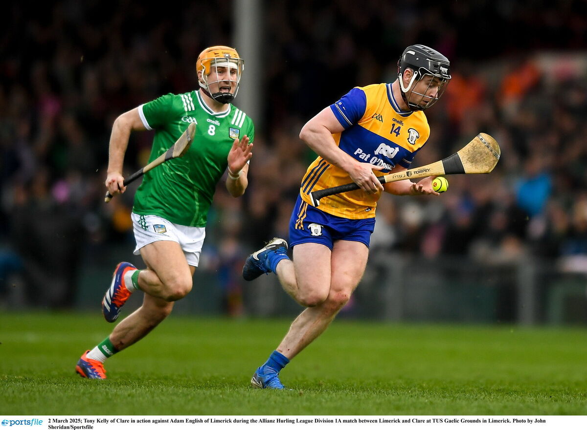 Tony Kelly of Clare in action against Adam English of Limerick during the Allianz Hurling League Division 1A match between Limerick and Clare at TUS Gaelic Grounds in Limerick. Picture: John Sheridan/Sportsfile