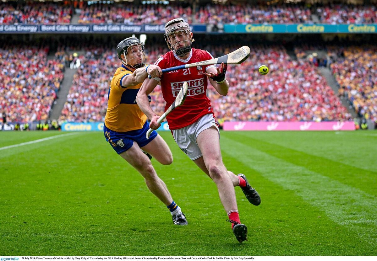 Ethan Twomey of Cork is tackled by Tony Kelly of Clare during last July's All-Ireland SHC final at Croke Park. Picture: Seb Daly/Sportsfile Ethan Twomey of Cork is tackled by Tony Kelly of Clare during last July's All-Ireland SHC final at Croke Park. Picture: Seb Daly/Sportsfile