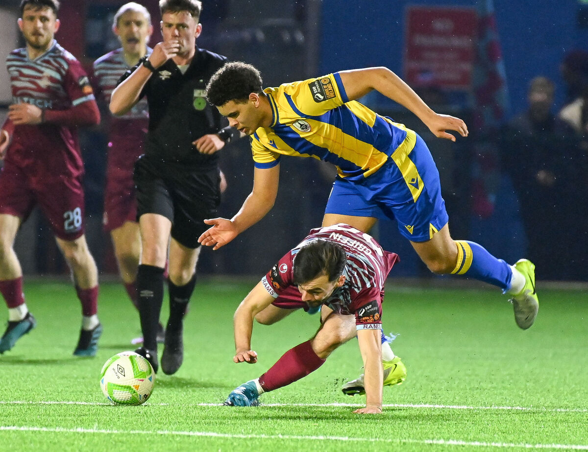 Cobh Ramblers' Shane Griffin is fouled as he tries to get away from Longford Town's Pharrell Manuel. Picture: David Keane. Cobh Ramblers' Shane Griffin is fouled as he tries to get away from Longford Town's Pharrell Manuel. Picture: David Keane.