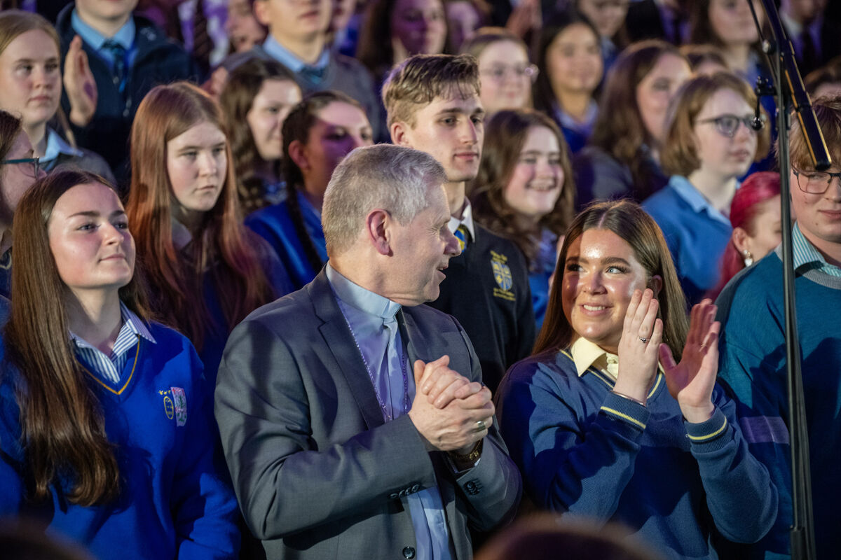 Bishop Fintan Gavin join in with the students on stage. Picture: Brian Lougheed Bishop Fintan Gavin join in with the students on stage. Picture: Brian Lougheed