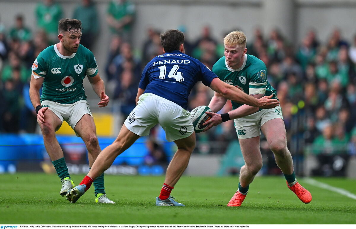 Jamie Osborne of Ireland is tackled by Damian Penaud of France. Picture: Brendan Moran/Sportsfile Jamie Osborne of Ireland is tackled by Damian Penaud of France. Picture: Brendan Moran/Sportsfile