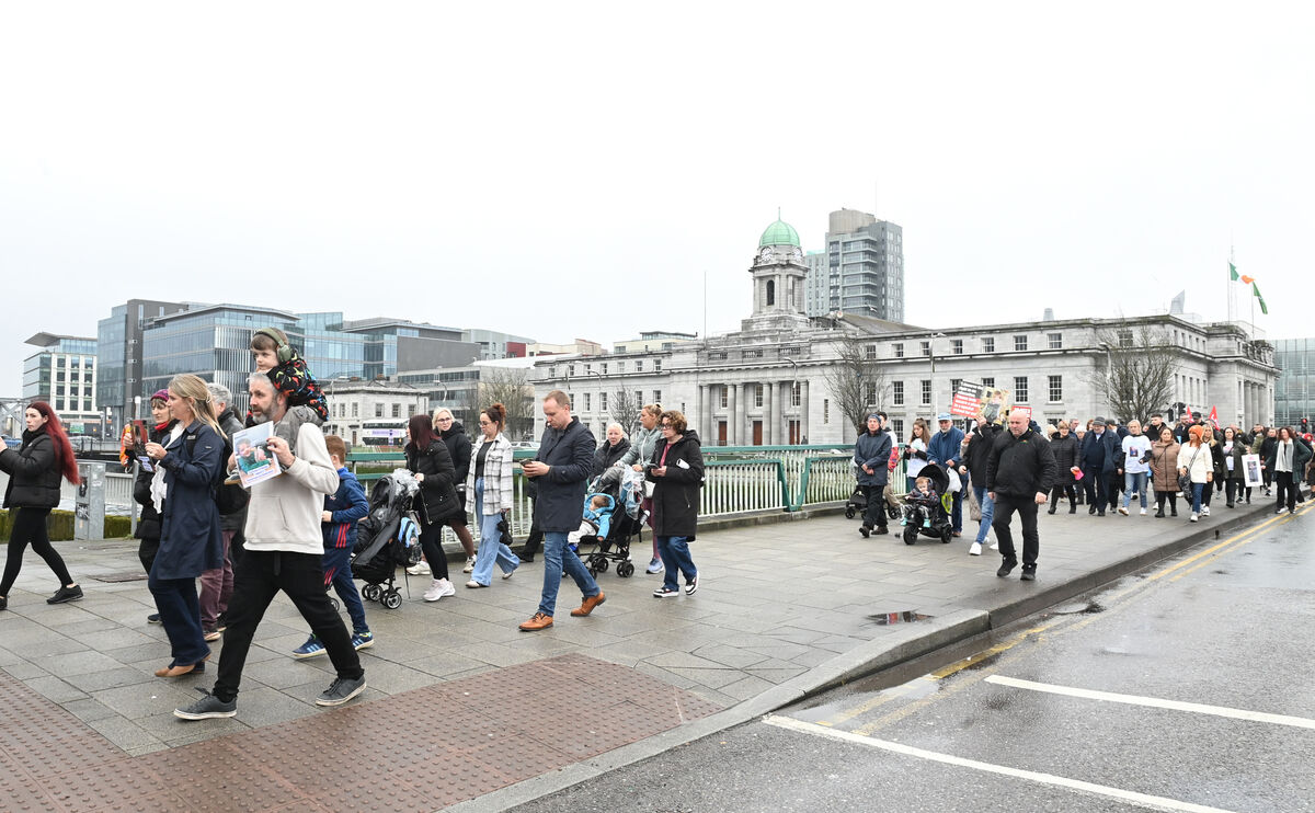 People marching from Cork City Hall to Grand Parade as part of the protest by parents whose children have no school places. Picture: Larry Cummins People marching from Cork City Hall to Grand Parade as part of the protest by parents whose children have no school places. Picture: Larry Cummins