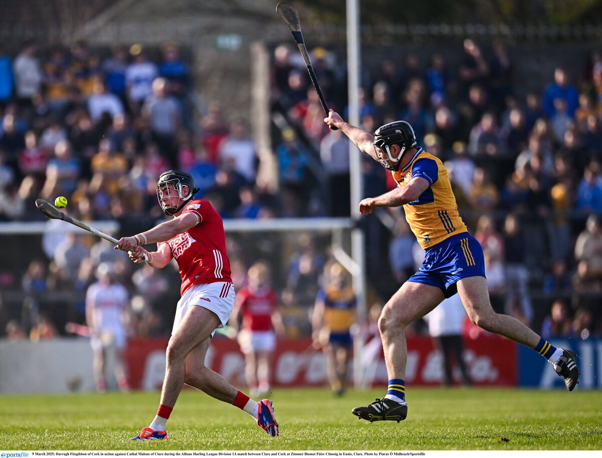 Darragh Fitzgibbon of Cork in action against Cathal Malone of Clare. Picture: Piaras Ó Mídheach/Sportsfile