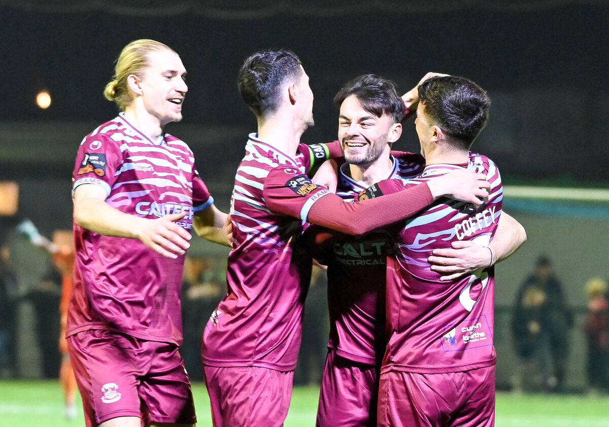  Cobh Ramblers' Shane Griffin is congratulated by his team-mates after scoring with a well-struck free kick against Longford Town, during their SSE Airtricity League First Division clash, at St Colman's Park.